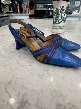 Y2K Rosalina Blue Leather Slingback Heels Sz 8 Retro Square Toe